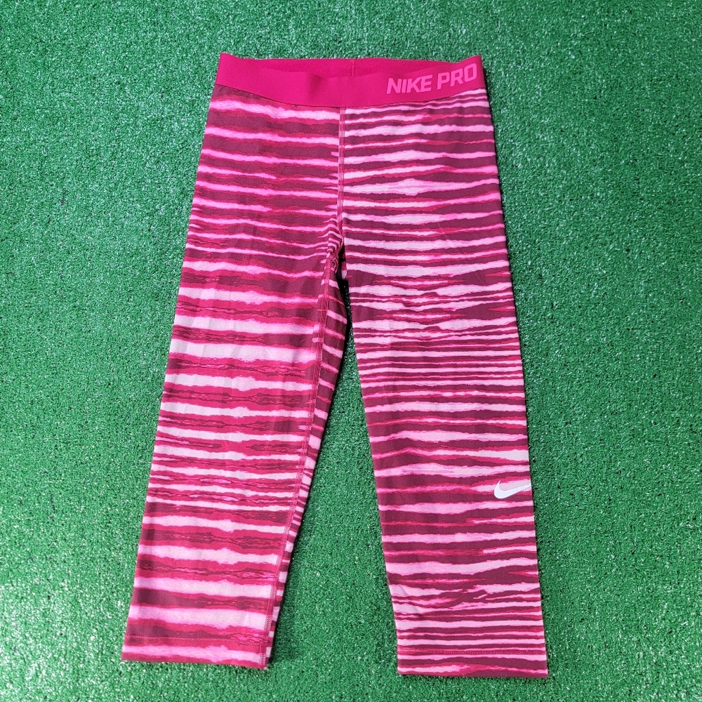 Nike Pro Dri-Fit Women's Cropped Leggings Tights Size Medium Pink Striped Gym